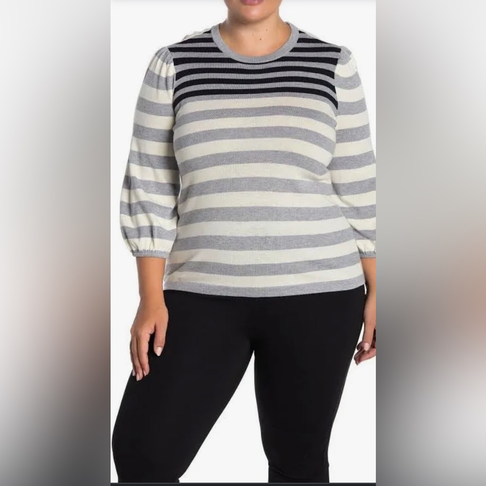Lheather Gray & White Striped Colorblock Crew Neck Sweater